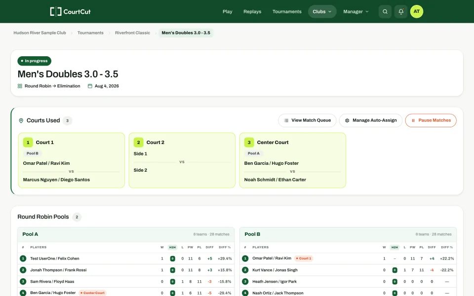 Live event page with three courts in use and round robin pools