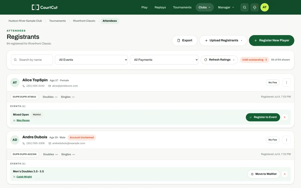 Registrant management page with filters, outstanding balances, DUPR chips, and per-event actions